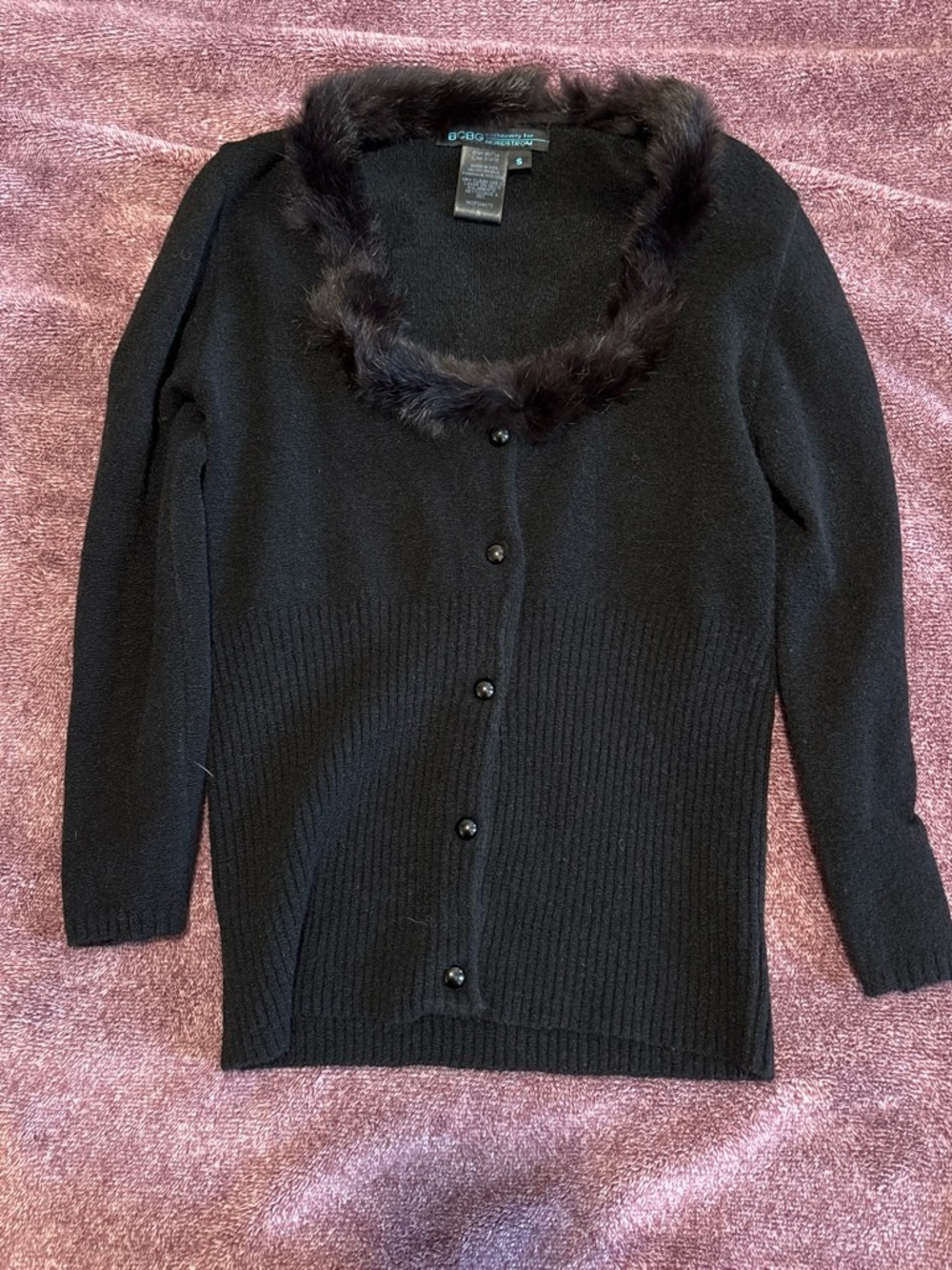 BCBG Black Faux Fur Trim Button-Front Cardigan